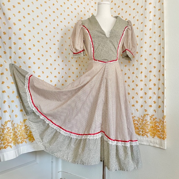 Handmade Dresses & Skirts - Handmade Prairie Dress Cottagecore Small Red Green Lace Puff Sleeve Vintage